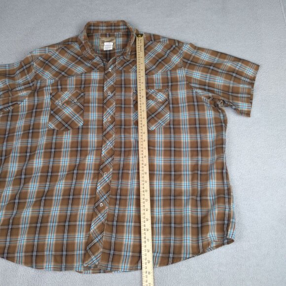 Wrangler Men’s Western XXL Snap Shirt Brown Blue Plaid Pearl Snap Short Sleeve - Picture 6 of 15